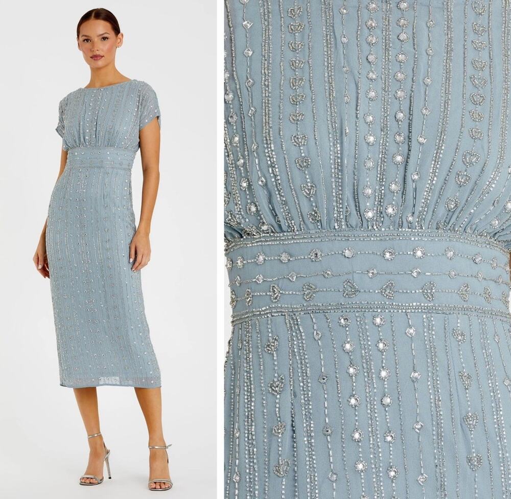 Mac Duggal 93649 Blue Size 12 Beaded Empire Waist Midi Dress Cap Sleeves NWT